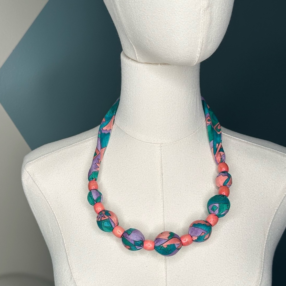VTG 80s Fabric Bead Necklace Multicolor Geometric Print Jewelry Adjustable Tie - Picture 2 of 6